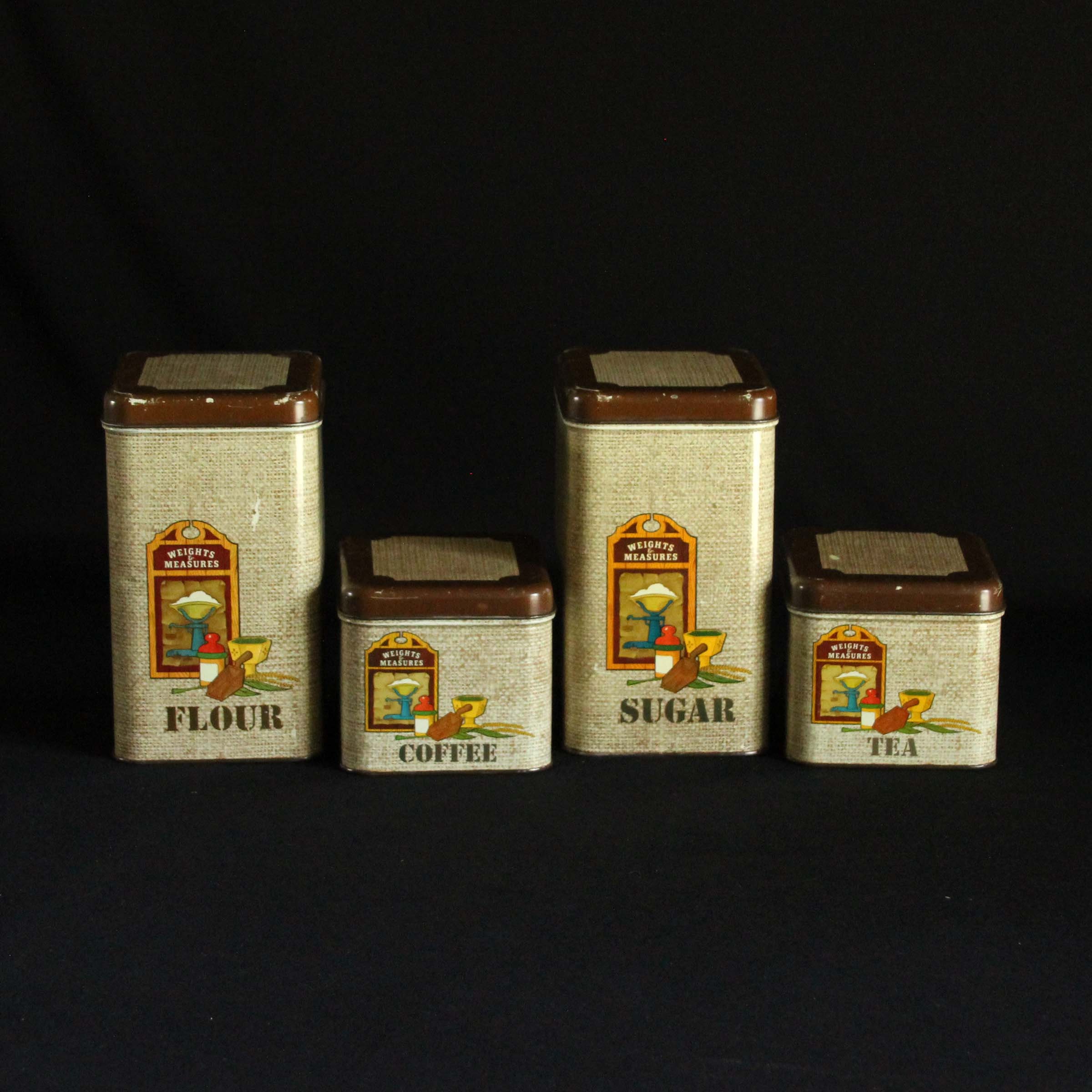 Vintage Cheinco Metal Canister Set - Flour, Sugar, Coffee, Tea - Retro Kitchen Food Storage - Lidded Container - Burlap Look Tin Canisters