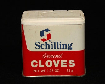 Vintage Schilling Spice Tin - Ground Cloves - Spice Container - McCormick & Co - 1.25 oz - 35 g - Retro Kitchen Decor - Mid Century 1977