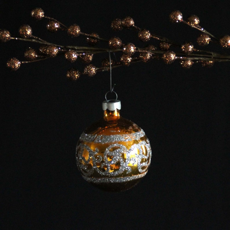 Rauch Glass Christmas Tree Ornaments in Box Set of 8 Mercury Glass Ball Ornaments Stenciled Mica Designs Retro Holiday Decorations