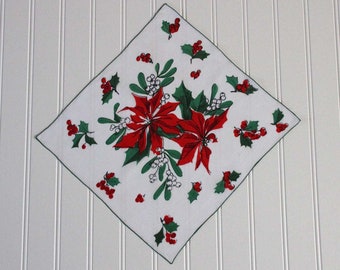 Vintage Handkerchief with Poinsettia, Mistletoe and Holly Pattern - Christmas Holiday Handkerchief