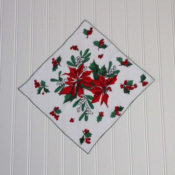 Vintage Handkerchief with Poinsettia, Mistletoe and Holly Pattern - Christmas Holiday Handkerchief