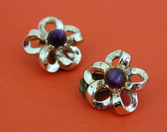 Gold and Purple Flower Clip On Earrings - Vintage Costume Jewelry