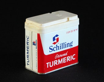 Vintage Schilling Spice Tin - Ground Turmeric - Spice Container - McCormick & Co - 1-3/8 oz - Retro Kitchen Decor - Mid Century