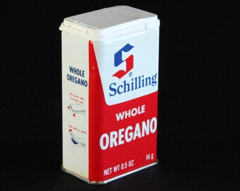 Vintage Schilling Spice Tin - Whole Oregano - Spice Container - McCormick & Co - 0.5 oz - 14 g - Retro Kitchen - 1974