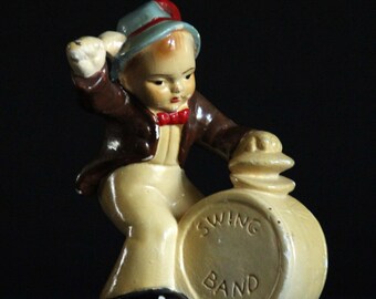 Vintage Chalkware Swing Band Drummer with Cymbals Figurine - Ceramic Figurine - Collectible - Carnival Give Away - Hand Painted