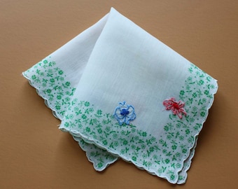 Vintage Handkerchief with Printed Floral Design and Applique Flowers
