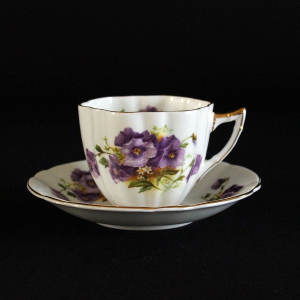 Society Fine Bone China Tea Cup and Saucer - Purple Pansy Flowers Pattern - Made in England - Gold Trim - Tea Service