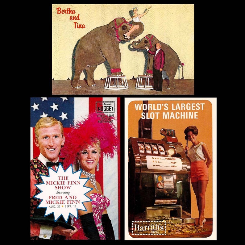 World/'s Largest Slot Machine Mickie Finn Nevada Set of 3 Bertha /& Tina Vintage Postcards of Reno Harrah/'s- John Ascuage/'s Nugget
