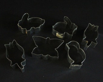 Vintage Metal Cookie Cutters - Set of 6 Shapes - Bunny, Chick, Butterfly, Flowers - Holiday Sugar Cookies - Retro Kitchen - Cut Out Cookies