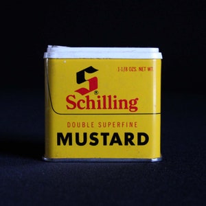 Vintage Schilling Spice Tin Double Superfine Mustard Spice Container McCormick & Co 1-1/8 oz Retro Kitchen Decor Mid Century image 2