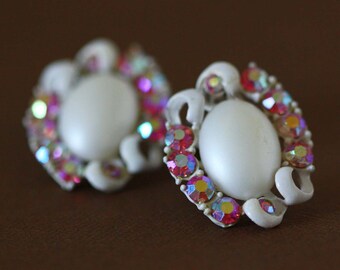 White Enamel and Pink Rhinestone Earrings - Vintage Costume Jewelry