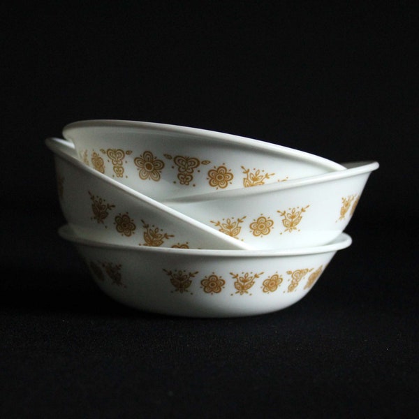 Corelle Butterfly Gold Berry Bowls - Set of 4 - White with Golden Yellow Flowers and Butterflies - Corning - Pyrex -Dessert Fruit Bowl