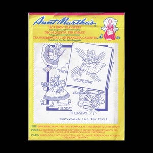 Dutch Girl Tea Towel - Aunt Martha&#39;s Hot Iron Transfers 3597 - Embroidery Transfers - UNCUT - Sewing DIY Needlecraft - Days of the Week