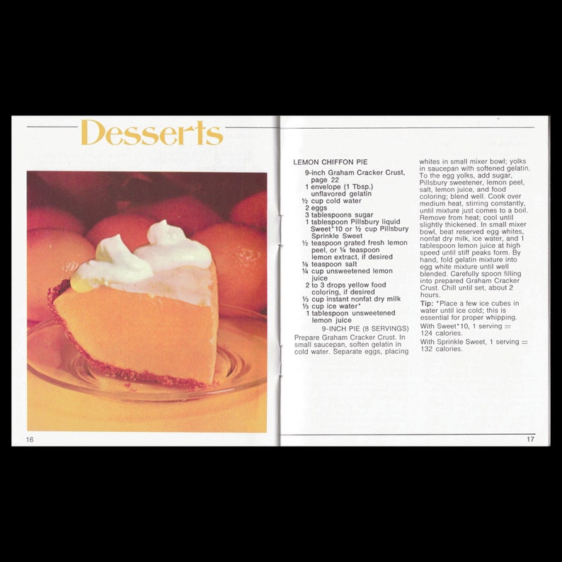 May include: A recipe for Lemon Chiffon Pie with a photo of a slice of pie on a plate. The recipe includes ingredients like graham cracker crust, unflavored gelatin, sugar, lemon juice, and lemon zest.
