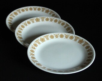 Corelle Butterfly Gold Luncheon Plates - Set of 3 - White with Golden Yellow Flowers and Butterflies - Corning - Pyrex - Medium Plates