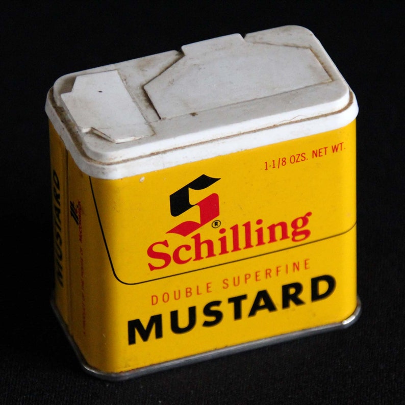 Vintage Schilling Spice Tin Double Superfine Mustard Spice Container McCormick & Co 1-1/8 oz Retro Kitchen Decor Mid Century image 10