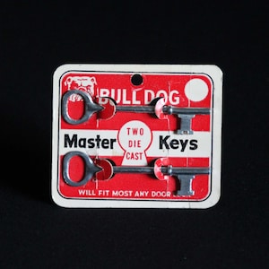 Vintage Bull Dog Master Keys en original Card - E.H. Tate Co. - Die Cast Keys - Skeleton Keys - Paquete de 2 - NOS - Puertas y cerraduras