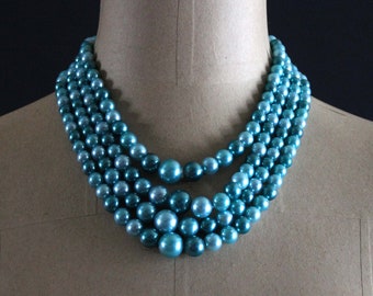 Multi Strand Beaded Statement Necklace in Aqua Blue - Vintage Costume Jewelry - Bauble Bead - Box Clasp Closure