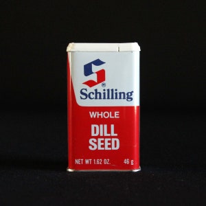 Vintage Schilling Spice Tin - Whole Dill Seed - Spice Container - McCormick & Co - 1.62 oz - 46g - Retro Kitchen Decor - Mid Century - 1977