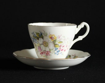 Royal Ascot Bone China Tea Cup and Saucer - Wildflowers Pattern - Made in England - Gold Trim - Tea Service - Colorful Flower Bouquet