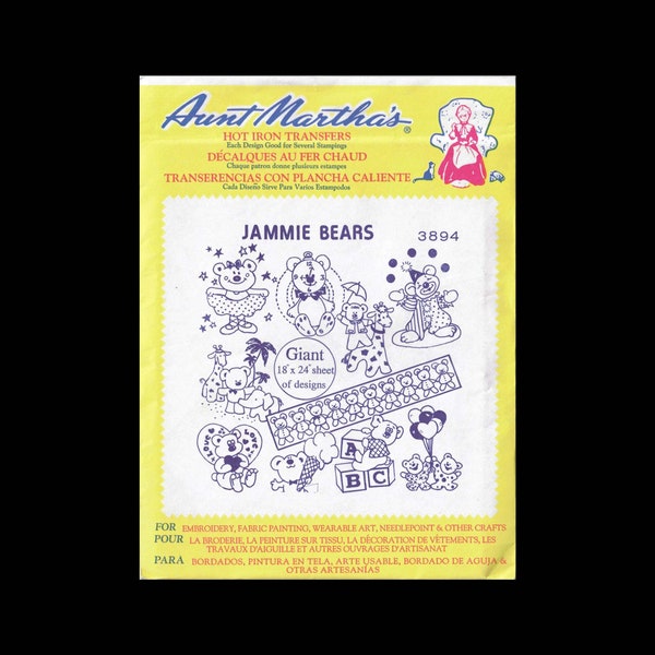 Jammie Bears - Aunt Martha's Hot Iron Transfers 3894 - Embroidery Transfers - UNCUT - Sewing Transfer - DIY Needlecraft - Teddy Bears