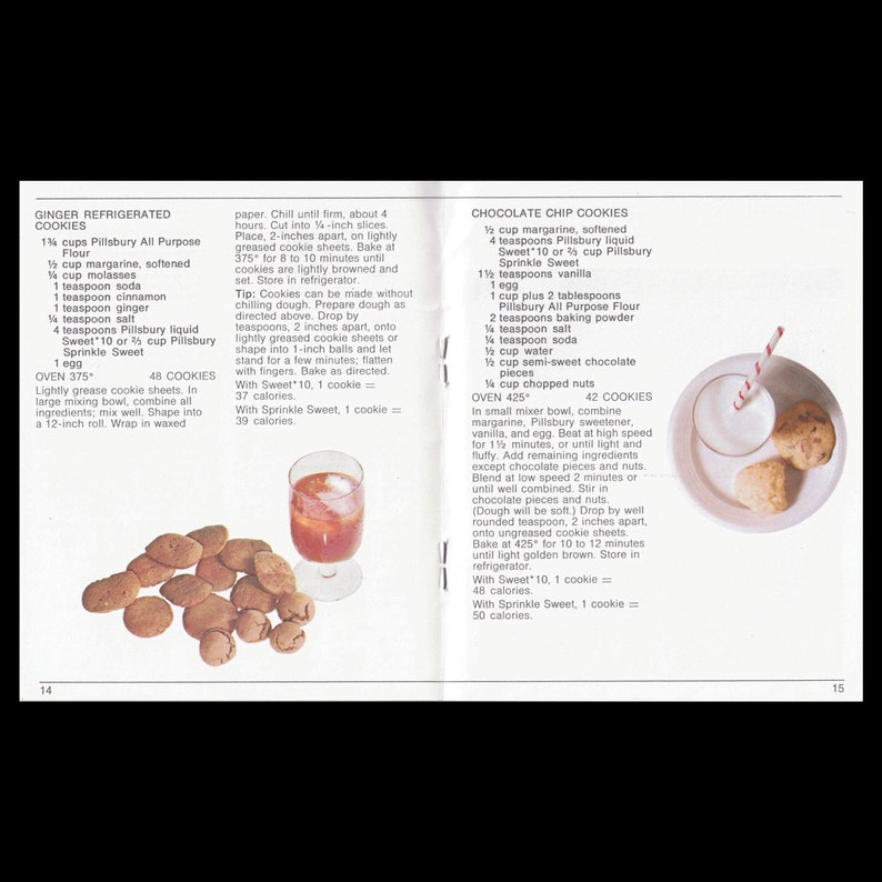 May include: A vintage recipe page for Ginger Refrigerated Cookies and Chocolate Chip Cookies. The page includes a list of ingredients and instructions for baking each type of cookie. The image also includes a glass of iced tea and a plate of cookies.