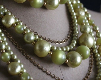 Multi Strand Statement Necklace in Chartreuse or Spring Green - Vintage Costume Jewelry - Bauble Bead - Hook Closure