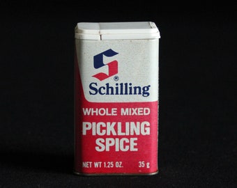 Vintage Schilling Spice Tin - Whole Mixed Pickling Spice - Spice Container - McCormick & Co - 1.25 oz - Retro Kitchen - 1977