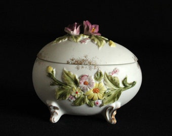 Lefton Decorative Bisque Egg Figurine - Footed Egg - Flowers - Floral Design - Easter - Spring - Trinket Dish