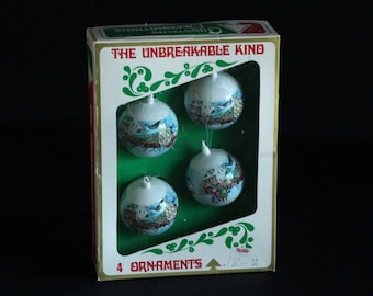 Bradford The Unbreakable Kind Christmas Tree Ornaments in Box - Set of 4 Plastic Ornaments with Holiday Scenes - Retro Holiday Decorations