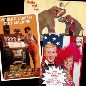 cartes postales vintage de Reno, Nevada - Ensemble de 3 - La plus grande machine à sous du monde - Harrah's - John Ascuage's Nugget - Bertha & Tina - Mickie Finn
