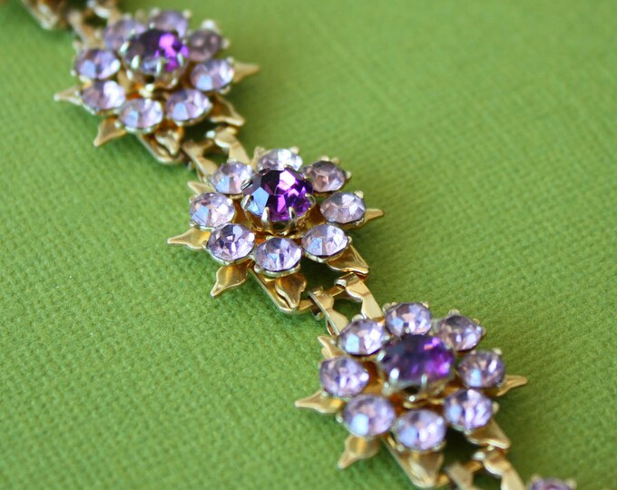 Vintage Coro Costume Jewelry Purple Rhinestone Flower Bracelet Etsy