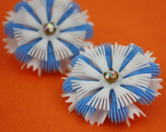 Floral Clip On Earrings in Light Blue and White Soft Plastic with Rhinestones - Vintage Costume Jewelry