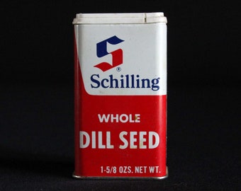 Vintage Schilling Spice Tin - Whole Dill Seed - Spice Container - McCormick & Co - 1-5/8 oz - Retro Kitchen Decor - Mid Century