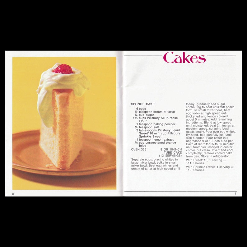 May include: A close-up of a slice of sponge cake with a pink raspberry on top. The cake is light and airy, with a delicate crumb. The recipe for this cake is included in the text on the page, which includes instructions for baking a 9 or 10-inch tube cake.