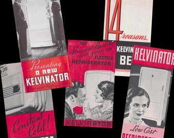 Samling av 5 vintage Kelvinator-broschyrer ca 1936 - Kelvinator helautomatiskt kylskåp - Reklam - Modell D, P, S, N