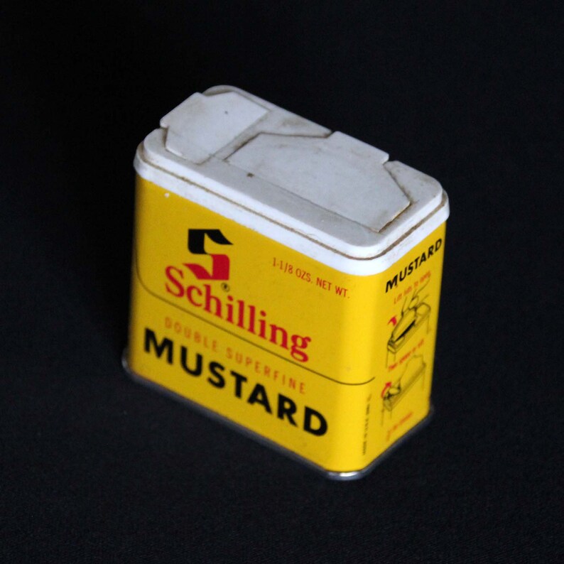 Vintage Schilling Spice Tin Double Superfine Mustard Spice Container McCormick & Co 1-1/8 oz Retro Kitchen Decor Mid Century image 7