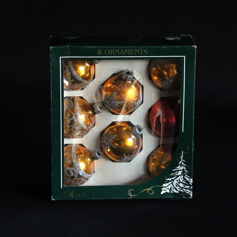Stenciled Mica Designs Retro Holiday Decorations Set of 8 Mercury Glass Ball Ornaments Rauch Glass Christmas Tree Ornaments in Box