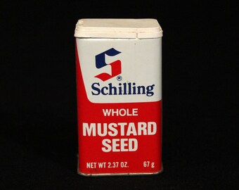 Vintage Schilling Spice Tin - Whole Mustard Seed - Spice Container - McCormick & Co - 2.37 oz - Retro Kitchen Decor - Mid Century