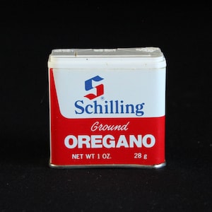 Vintage Schilling Spice Tin - Ground Oregano - Spice Container - McCormick & Co - 1 oz - 28 g - Retro Kitchen Decor - Mid Century 1977