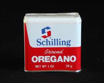 Vintage Schilling Spice Tin - Ground Oregano - Spice Container - McCormick & Co - 1 oz - 28 g - Retro Kitchen Decor - Mid Century 1977