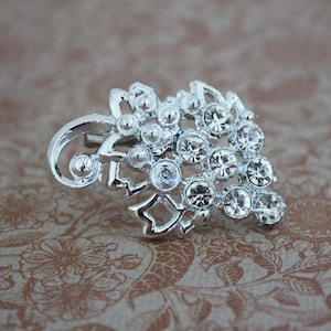 Silver Grape Cluster Brooch with Rhinestones - Vintage Costume Jewelry Pin