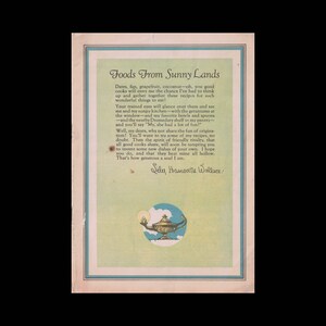 May include: A vintage illustration of a golden oil lamp with a blue flame, set against a green and blue background. The text "Foods From Sunny Lands" is at the top of the image, and the text "Lily Hamoortle Wallace" is at the bottom of the image.