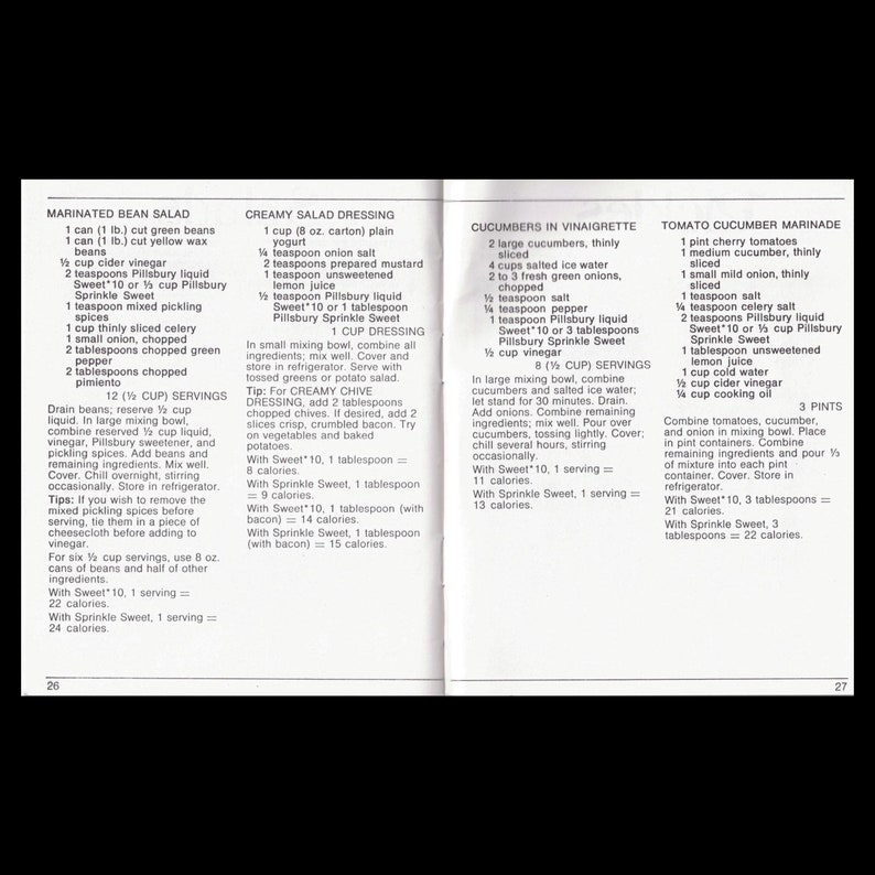 May include: A vintage cookbook page with recipes for marinated bean salad, creamy salad dressing, cucumbers in vinaigrette, and tomato cucumber marinade. The recipes include ingredients, measurements, and serving sizes.