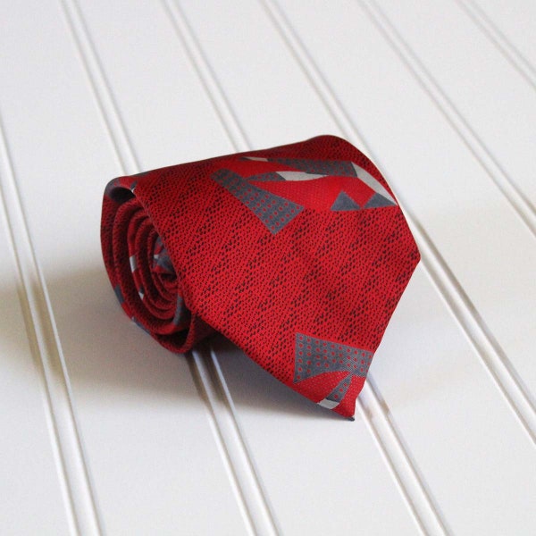 Vintage Men's Necktie - Emilio Romano Tie - Abstract Design - Wide Tie - 100% Silk - Hand Made in Italy - Red and Grey