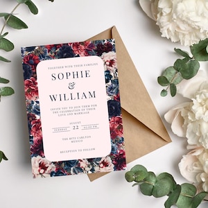 Moderne Hochzeitseinladung Vorlage - Floral Burgund und Marineblau, DIY bearbeitbar auf Canva