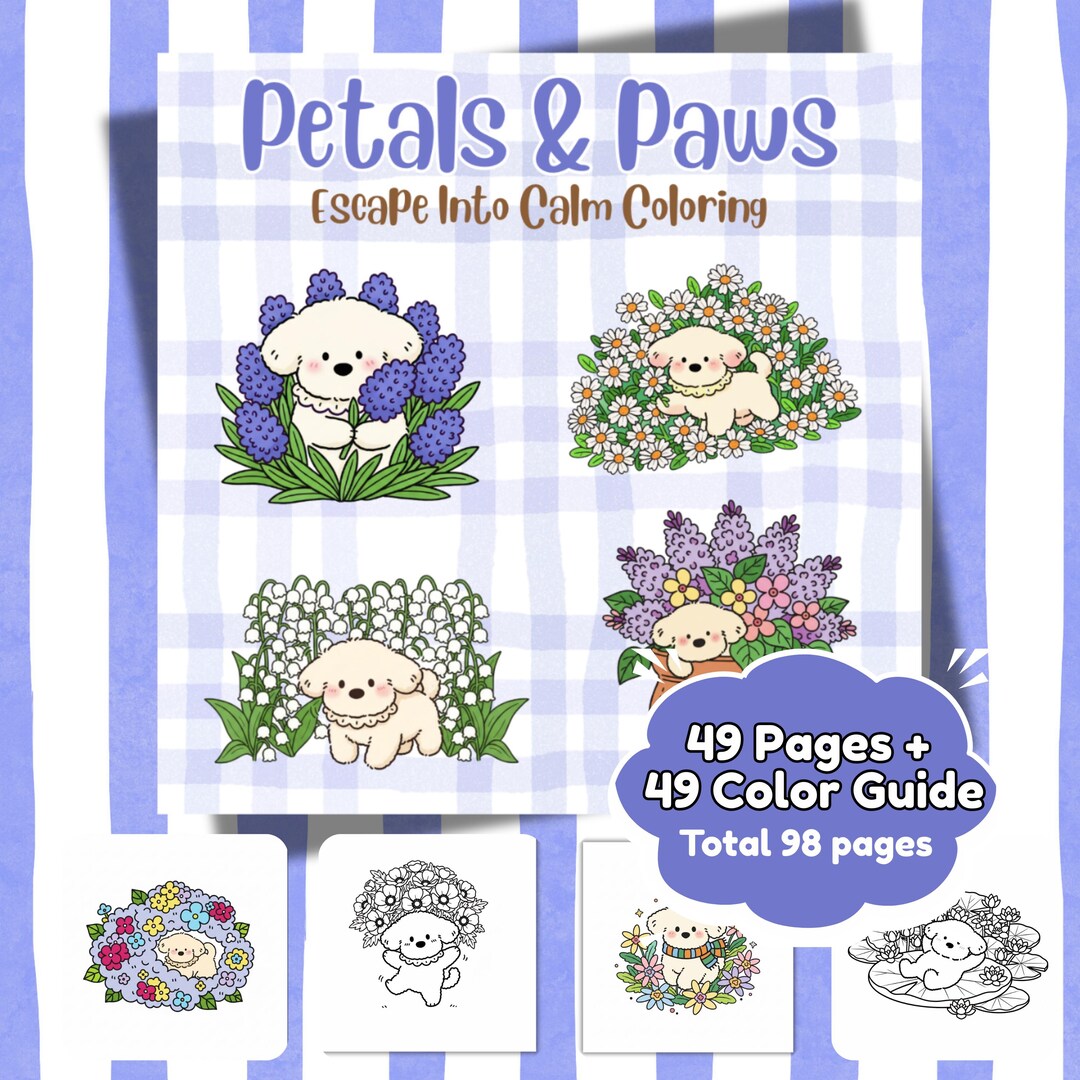 Spring Floral Puppy Coloring Book, Bold Line Art, Digital Cozy ...