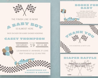 May include: Baby shower invitation set with a racing theme. The invitation features a baby blue race car, checkered flags, and the text "A Baby Boy is Almost Here." Includes coordinating inserts for books, thank yous, and a diaper raffle.