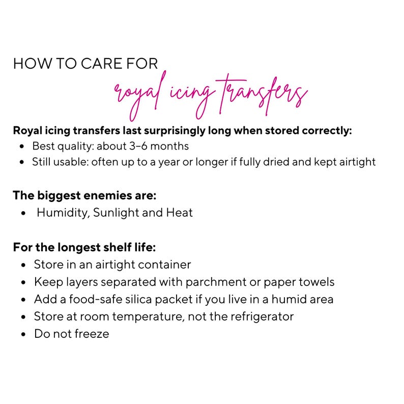 May include: An informational graphic titled HOW TO CARE FOR royal icing transfers. It lists storage guidelines, noting a 3-6 month shelf life, identifying humidity, sunlight, and heat as enemies, and advising airtight storage at room temperature.
