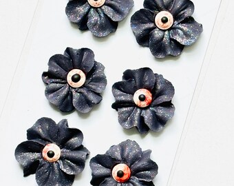 Spooky Bloodshot Eye Flowers Halloween Royal Icing Transfers Black Sparkle Edible Flowers